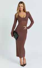 Odessa Midi Dress - U Neck Long Fitted Sleeve Sheer Waist Fitted Knit Dress in Chocolate