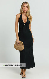 Lyla Midi Dress - Tie Front Plunge Halter Linen Blend Dress in Black