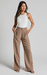 Larissa Trousers - Linen Mid Waisted Relaxed Straight Leg Trousers in Mushroom