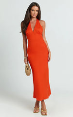 Adele Midi Dress - Halter Plunge Bias Cut Dress in Orange