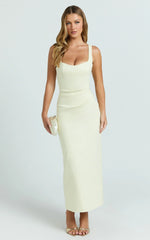 Benita Midi Dress - Scoop Neck Ruched Fitted Dress in Lemon