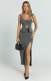 Fiona Midi Skirt - Pinstripe Bodycon Side Leg Split Workwear Skirt in Dark Grey