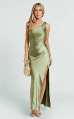 Isla Maxi Dress - Satin One Shoulder Side Split Dress in Olive