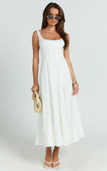 Kristi Midi Dress - Scoop Neck Fit And Flare Dress in Off White