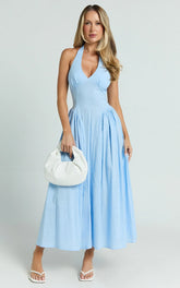 Athena Midi Dress - Halter Drop Waist Dress in Blue