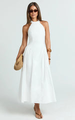 Danielle Midi Dress - Halter Neck Fit And Flare Dress in Off White