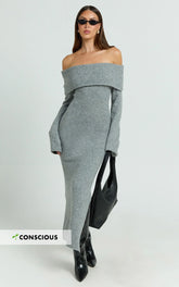 Darcie Midi Dress - Off Shoulder Knitted Long Sleeve Dress in Grey Marle