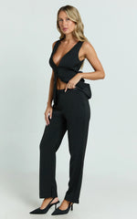 Gilmore Pants - Low Rise Satin Contrast Tailored Pants in Black