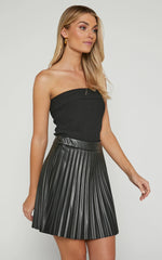 Kiva Mini Skirt - Faux Leather High Waisted Pleated Skirt in Black