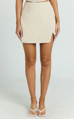 Mindy Mini Skirt - Linen Look A Line Side Split Skirt in Oatmeal