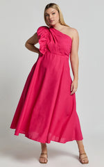 Dixie Midi Dress - Linen Look One Shoulder Ruffle Dress in Raspberry