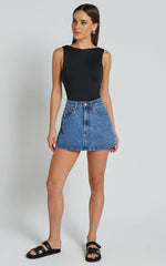 Harriet Skort - Mid Waisted Recycled Denim Skort in Mid Blue Wash