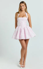 Maddy Mini Dress - Square Neck Halter Fit And Flare Dress in Pink
