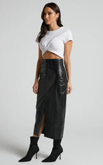 Jules Midi Skirt - Faux Leather High Waisted Front Split Midi Skirt in Black