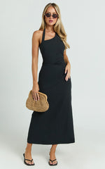 Lindley Midi Dress - Halter Neck Linen Look Dress in Black