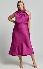 Minnie Midi Dress - Drape Neck Satin Slip Dress in Purple