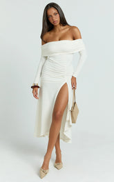 Carissa Midi Dress - Off Shoulder Long Sleeve Flounce Skirt Jersey Dress in Ivory