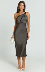 Aria Midi Dress - One Shoulder Twist Detail Satin Bias Cut Dress in Espresso