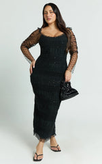 Evelyn Midi Dress - Long Sleeve Shirred Tulle Dress in Black Polka