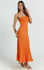 Paris Midi Dress - Strapless Drop Waist Pleated Knit Dress in Orange