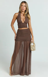 Ray Maxi Skirt - Mesh Ruched Side Split Maxi Skirt in Chocolate