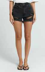 Mindae Shorts - Recycled Cotton Ripped Denim Shorts in Washed Black