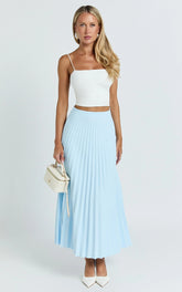 Harlee Midi Skirt - Pleated High Waist A Line Skirt in Pastel Blue