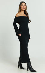 Maisie Midi Dress - Off Shoulder Long Sleeve Fitted Column Knit Dress in Black