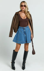 Koemi Skirt - High Waisted Denim Flare in Mid Blue Wash