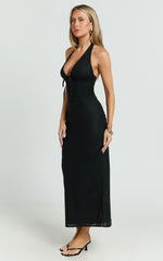 Lyla Midi Dress - Tie Front Plunge Halter Linen Blend Dress in Black