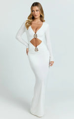 Dakota Maxi Dress - Long Sleeve V Neck Bodycon Dress in Cream