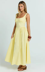 Donatella Midi Dress - Ruched Bust Fit And Flare Dress in Lemon