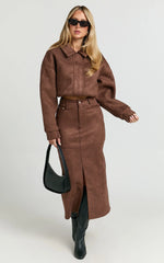 Nessa Midi Skirt - High Waisted Fitted Suede Skirt in Dark Chestnut