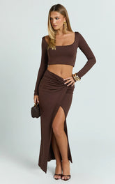 Owen Two Piece Top and Skirt Set - Long Sleeve Crop Top and Knot Front Maxi Skirt Set in Chocolate