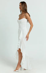 Brionna Midi Dress - Lace Neck Ruched Ruffle Hem Dress in White