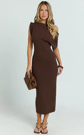 Nalfie Midi Dress - Tipped Shoulder Jersey Drape Dress in Chocolate