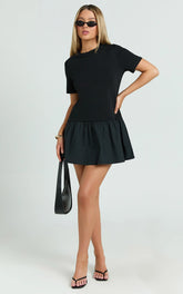 Kym Mini Dress - Tee Shirt Top Drop Waist Gathered Full Skirt Dress in Black