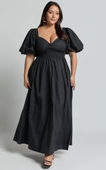 Raiza Midi Dress - Shirred Waist Puff Sleeve Dress in Black