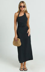 Lindley Midi Dress - Halter Neck Linen Look Dress in Black