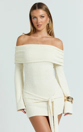 Rhianna Mini Dress - Knitted Off Shoulder Tie Waist Mini Dress in Cream