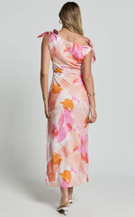 Cincinnati Midi Dress - Off The Shoulder Side Split Column Linen Look Dress in Pink Blur Floral