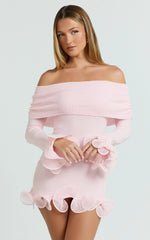 Estelle Mini Dress - Off Shoulder Long Sleeve Frilled Hem Fitted Dress in Baby Pink