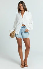 Leanne Top - Button Down Linen Blend Long Sleeve Shirt in White