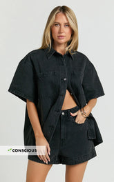 Rhianna Top - Oversized Recycled Denim Short Sleeve Shirt in Washed Black