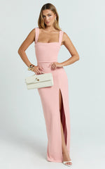 Donna Maxi Dress - Cowl Neck Column High Split Dress in Pale Pink