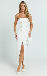 Carson Midi Dress - Strapless Double Breasted Wrap Fitted Dress in Off White
