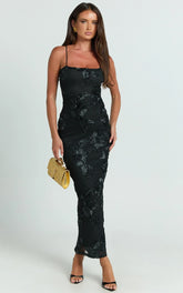 Mina Midi Dress - Embroidered Mesh Dress in Black