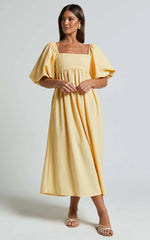 Cenia Midi Dress - Linen Straight Neck Shirred Back Puff Sleeve Dress in Lemon