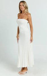 Paris Midi Dress - Strapless Drop Waist Pleated Knit Dress in White