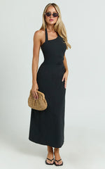 Lindley Midi Dress - Halter Neck Linen Look Dress in Black